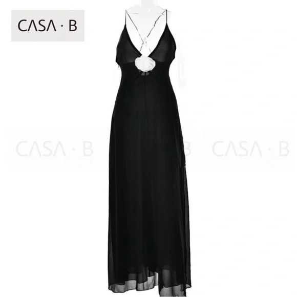 NEW!💫CASA B| Madeline Rosette flower Appliqué Deep V Sheer Long Slip Maxi Dress - Picture 3 of 11